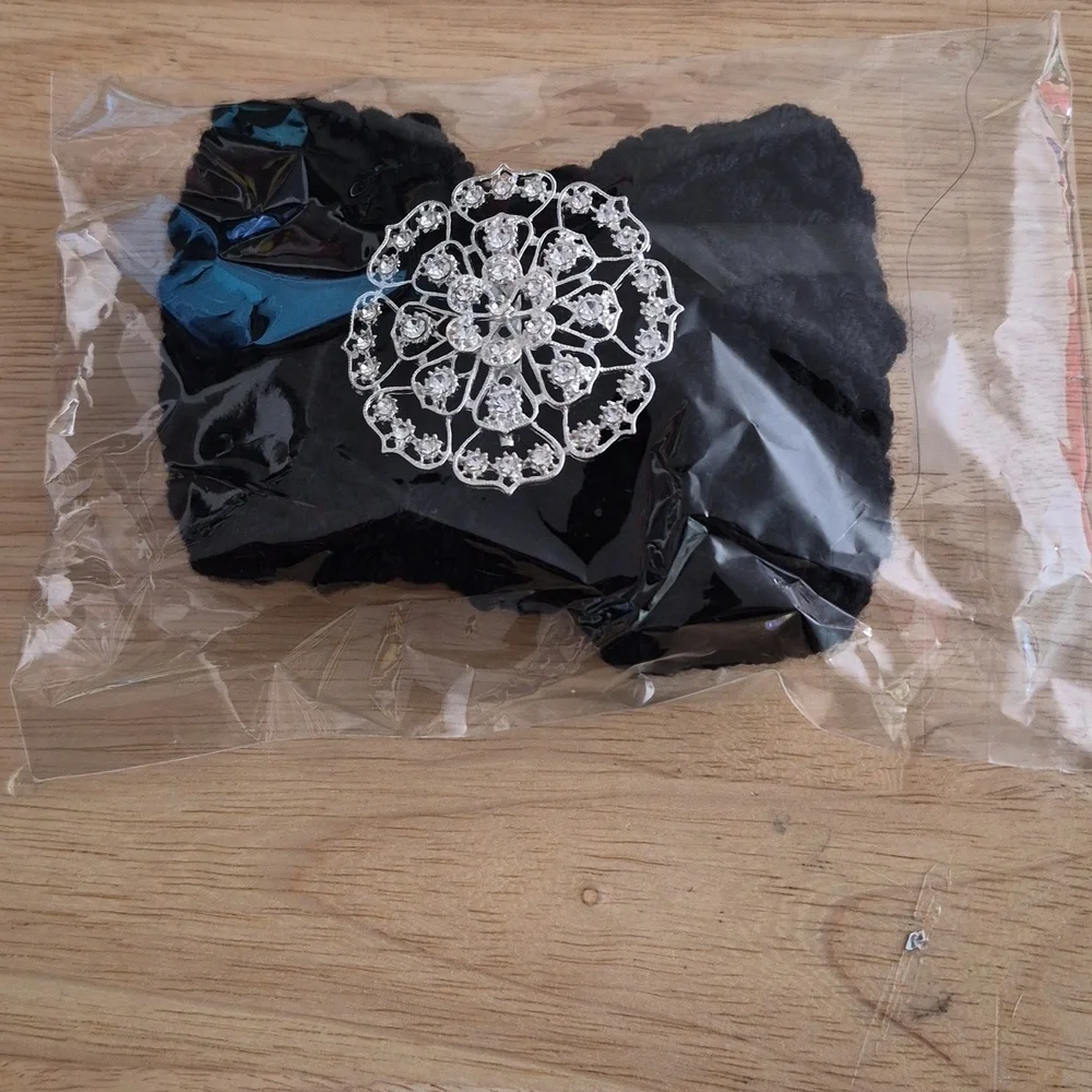Black Crocheted Headband with Silver Brooch Accent